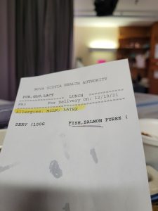 List of food on hospital tray