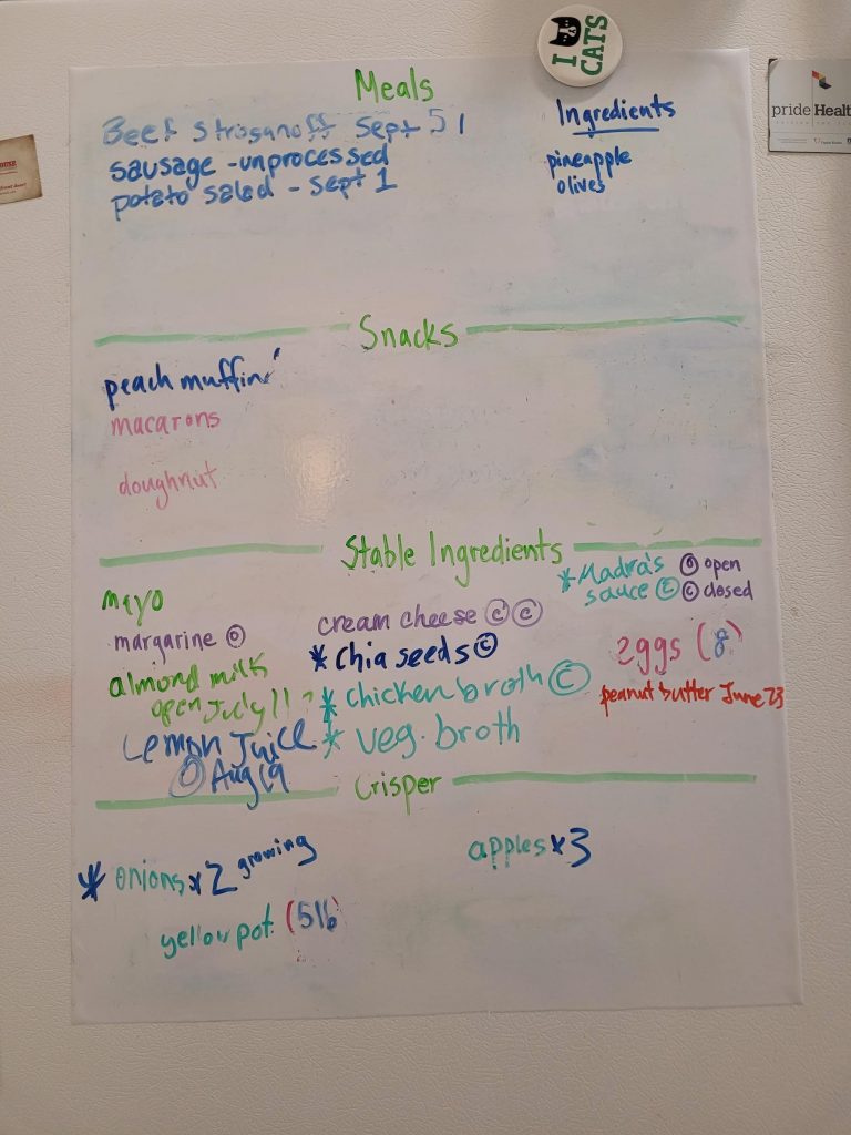 a whiteboard sticker on a fridge with lists of all contents